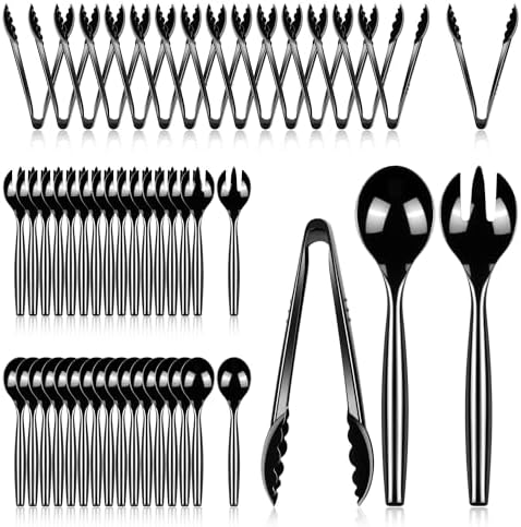 Dualshine 48 Pcs Disposable Black Plastic Serving Utensils,16 Set Including 10