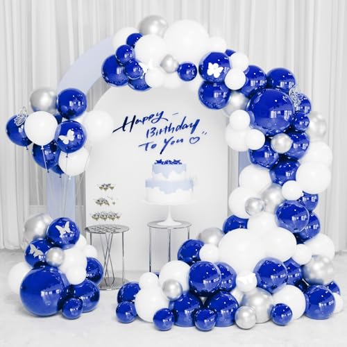 INFLORAL Birthday Party Royal Blue Silver and White Balloon Arch Kit Latex Balloon Garland Kit for Baby Shower Father's Day Graduation Party and Theme Party