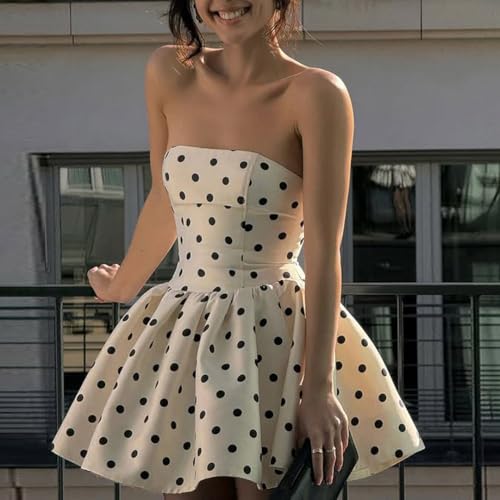 Polka Dot Mini Dresses Off The Shoulder Sleeveless Pleated Dress Bow Tie Puffy Bubble Dress Party Dress2