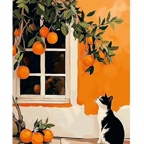 NEWENMO Lindo Gato Pintar por Numeros Adultos Kits,Árbol Naranja Pintura por Numeros Kit,Easy Paint by Numbers Adult,con 3 Pinceles y Pigmento Acrílico,para Decoración del Hogar,Sin Marco-40x50cm