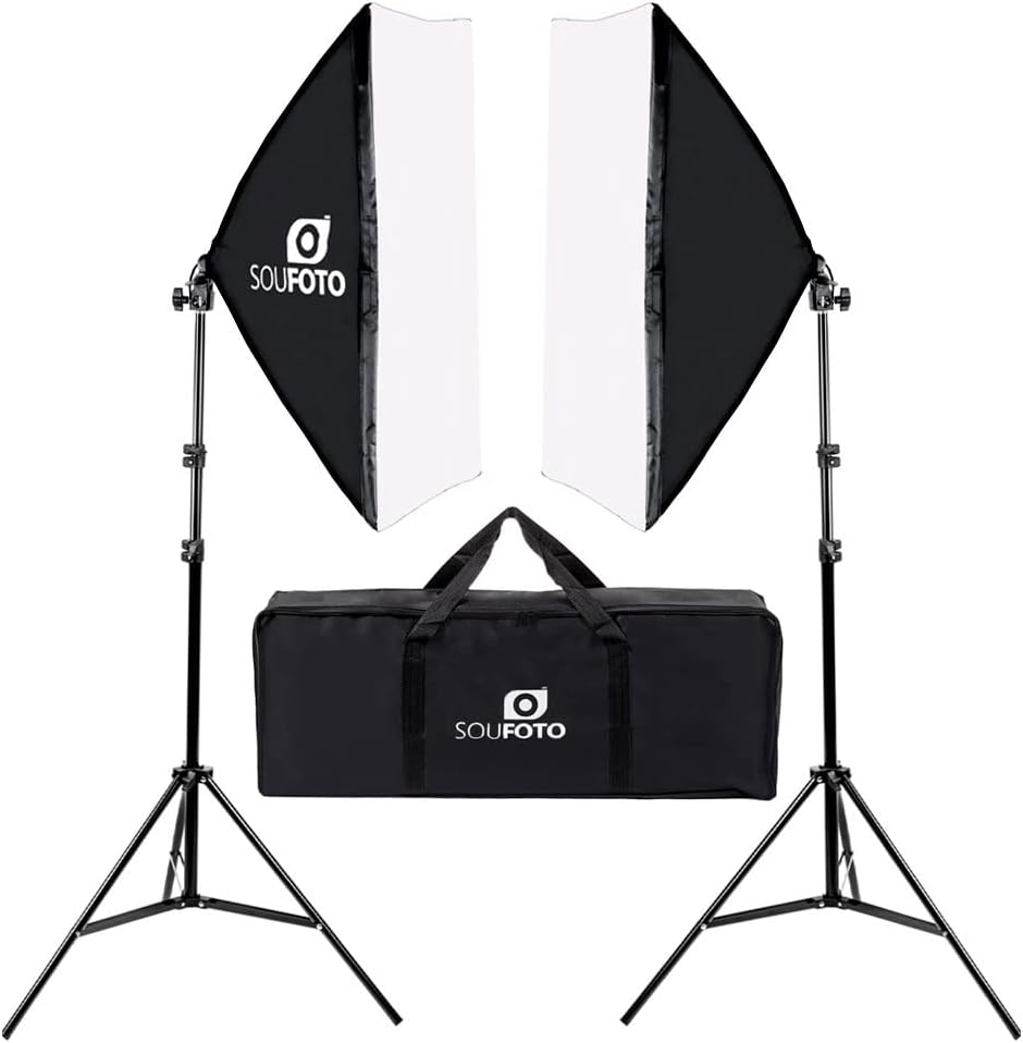 SOU FOTO Kit Softbox Duplo para Iluminação Profissional, Luz Suave 50x70cm, Tripé Ajustável até 2m, Estúdio Fotográfico e Vídeo, Bolsa Inclusa, Ideal para Fotos, Vídeos e Lives