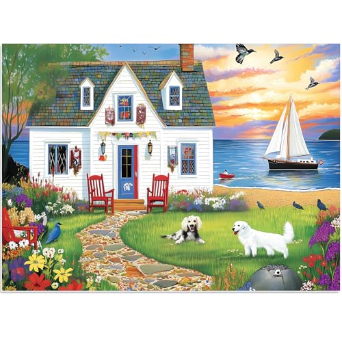 Puzzles for Adults 500 Pieces, Dog Birds Hourse Puzzle, Seaside Jigsaw Puzzles 500 Piece for Adults Kids Seniors, Recycled Cardboard Puzzle for Game Night Family Friends, 20.5x15 in