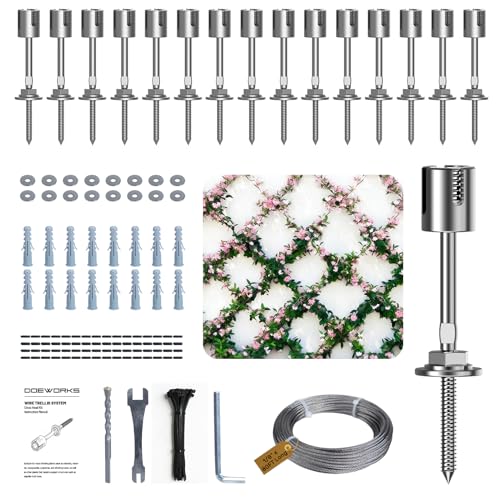 DOEWORKS 16 Set Wire Trellis for Climbing Plants Outdoor Wall Wire Trellis Kit with 1/8 in x 80ft Stainless Steel Cable Espalier System for Fence and Garden DIY Projects