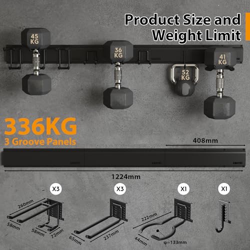 BONTEC Wandmontierter Werkzeughalter, 336 kg Tragfähigkeit, 3 Rail Panels, Verstellbare Garage Wandregale mit 8 Haken, Besenhalter, Gartengeräte Aufbewahrung, Stabil und Rostbeständig, Schwarz