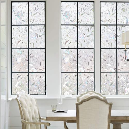 Image of Elton 3D Window Privacy Film, Lotus Rainbow Window Clings, Decorative Window Vinyl, Stained Glass Window Decals, Static Cling Window Sticker Non-Adhesive No Glue 24 x 240 inches