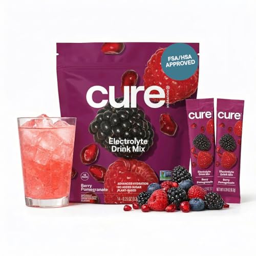 Image of Cure Hydration | Plant-Based Electrolyte Drink Mix | No Added Sugar | FSA-HSA | Dehydration Relief Powder Made with Coconut Water | Non-GMO | Vegan | Pouch of 14 Packets - Berry Pomegranate