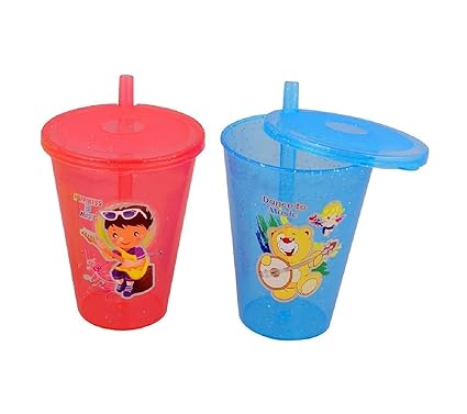 PUTHAK UNEQUETREND BPA Free Fun Cartoon Printed Bright Color Straw Cup Sipper Glass with LID for Toddler, Kids, Boys/Girls (Multicolor) Pack of 2 (2)