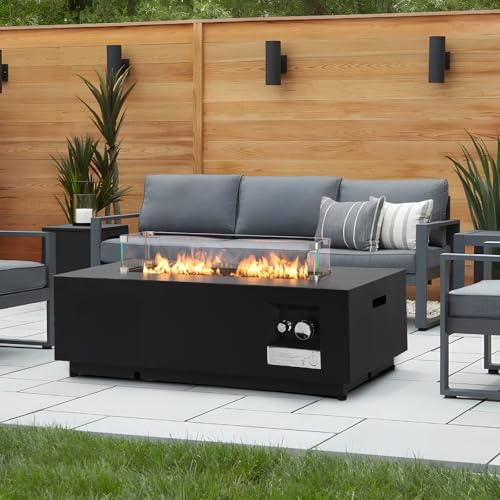ReeQuo 42-inch Outdoor Propane Gas Fire Pit Table 50000 BTU Iron Rectangle Firepit for Outside Patio with Tank Hidden Table, Wind Guard, Removable Lid, Lave Rocks, Waterproof Cover, Balck