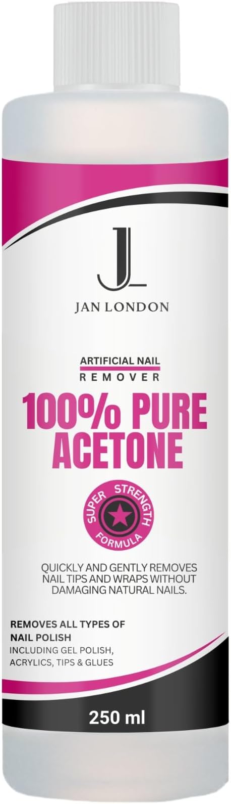 JAN LONDON 100% Pure Acetone Nail Polish Remover for UV/LED Gel, Acrylic Nails, and Nail Varnish Soak Off – Professional Strength, Fast-Acting Formula, 250ml