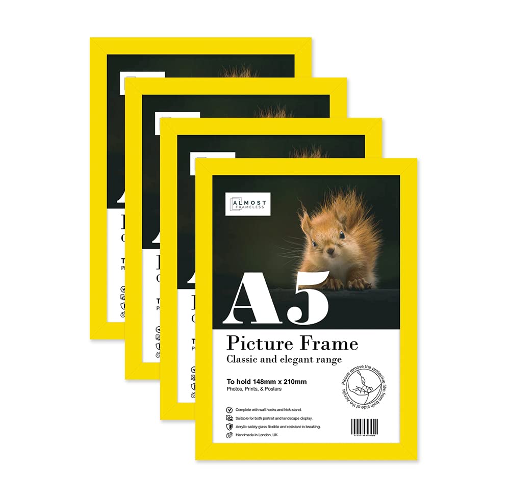 Almost Frameless A5 Yellow Picture Frame Set of 4, Display A5 Picture Gallery Wall, Poster, Photo, Artwork, or Print, Yellow