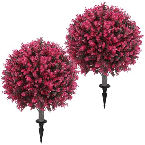 Artificial Red Eucalyptus Topiary Ball Tree 24 with Ground Spike Set of 2 Artificial Boxwood Bushes for Faux Shrubs Fake Evergreen Faux Plant for Indoor Outdoor Garden -UV ResistantFade-Proof