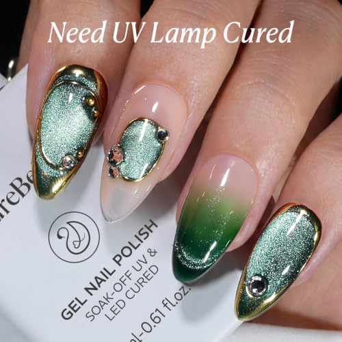 Image of AZUREBEAUTY 18ML Green Cat Eye Magnetic Gel Nail Polish | Green Glitter Gel Polish Magnetic Shimmer Effect Soak Off UV French Nail Art Design Salon DIY Manicure Gift for Women