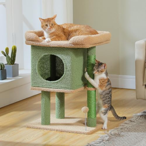 Image of PAWZ Road 26 inchCat Tower Cactus Cat Tree for Small Space | Cat Scratching Post with Large Perch 19x13 inch for 2 Small Cats,Cozy Cat Condo & Spring Ball Compact for Narrow Space & Corner