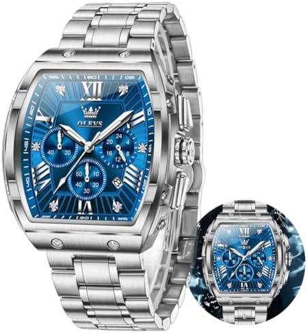 OLEVS Watches Men Chronograph Waterproof Rectangle Face Moon Phase Stainless Steel Strap Dress Watches for Men Luminous Quartz Calendar Mens Wrist Watch