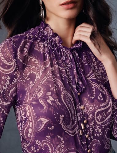 Image of Women Georgette Regular Fit Shirt ||Women Top || Cecily Paisley-Trim Button-Front Shirt (S-01-04)