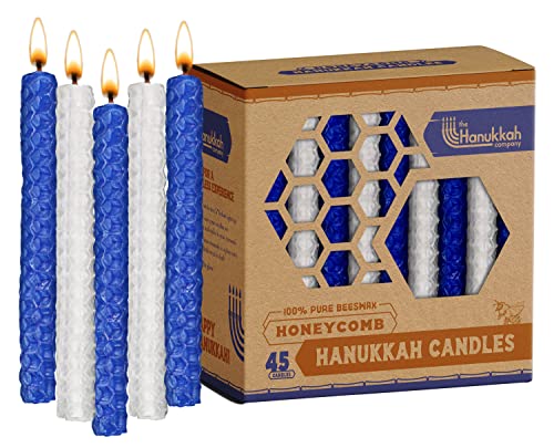 The Hanukkah Company Beeswax Chanukah Candles - Standard Size Fits Most Menorahs - Blue and White Beeswax Honeycomb Hanukkah Candles - Premium Quality Pure Bees Wax - 45 Count for All 8 Nights