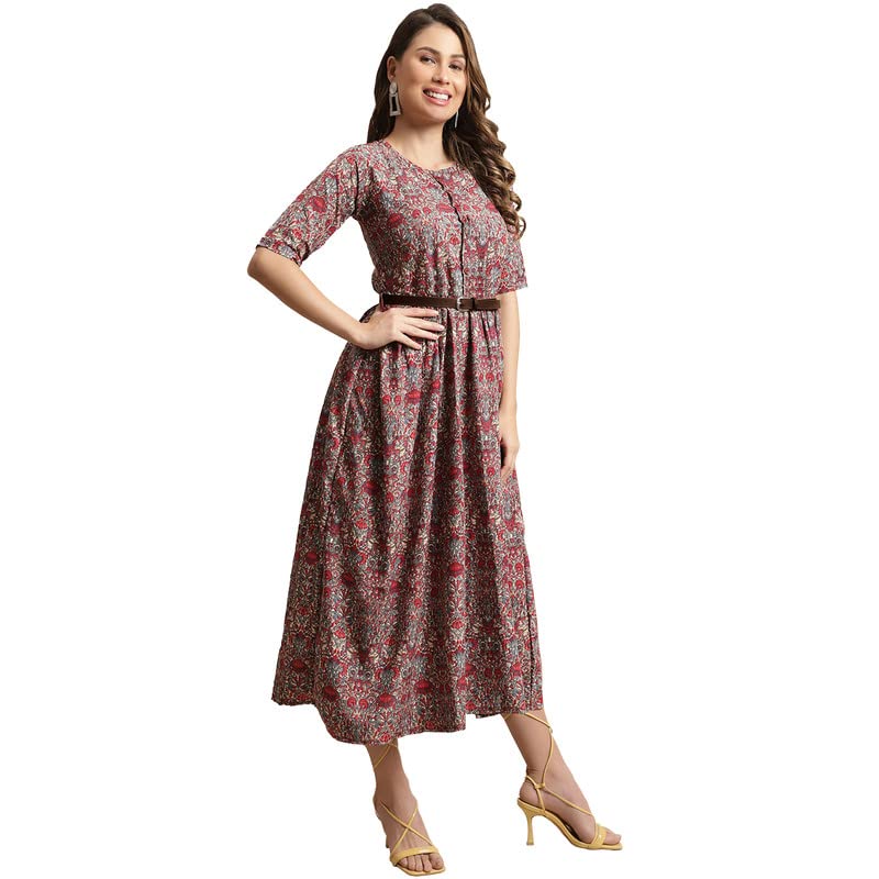 Preneum Women's Georgette Floral Printed 3/4 Slevees A-Line Fit & Flare Gown With Beltindo-Western Ethnic Gown || A-Line Maxi Dress Casual Wear || Fit & Flare Flared Hem Design, Radish, 2Xl