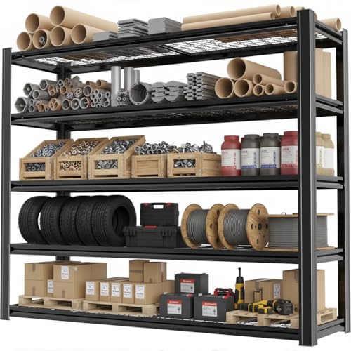 Industrial Storage Shelving Unit Black Metal Frame,Wire Mesh Shelves Tool-Free Assembly Safety Lock Design Heavy Duty Garage Workshop Organization System 3500LBS 84