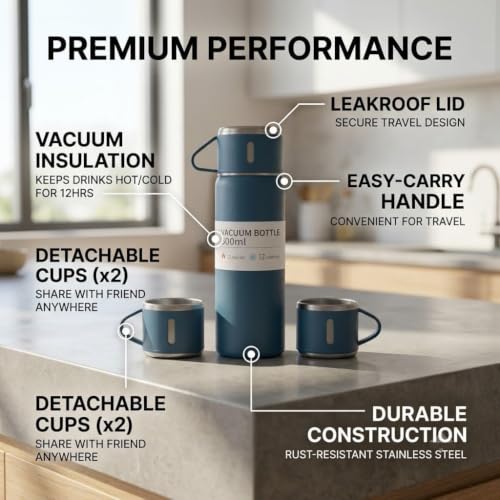 Image of Blue Premium 500ml Leakproof Stainless Steel Thermosteel Flask with 2 Cups Double Wall Insulated Hot & Cold Water Bottle for Daily Travel & Office