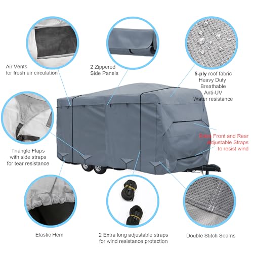 Image of GEARFLAG Travel Trailer Cover Camper Cover Multi-Layers with Reinforced Windproof Side-Straps Anti-UV Water-Resistance Heavy Duty for Motorhome (Fits 15' - 17') - Ideal for rv & Trailer Covers