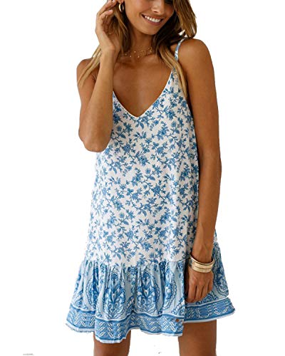 Abravo Mujer Vestido Boho Floral Verano sin Mangas Casual Falda Corta de Cuello V Profundo Mini Vestido de Playa,Cielo Azul,XL