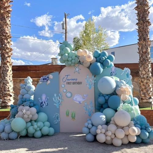 Image of Under The Sea Balloons, 35PCS Dusty Slate Blue and Green Balloons, Baby Light Green Sand White Latex Balloon for Kids Boys Under The Sea Ocean Themed Baby Shower Birthday Party Decorations Supplies