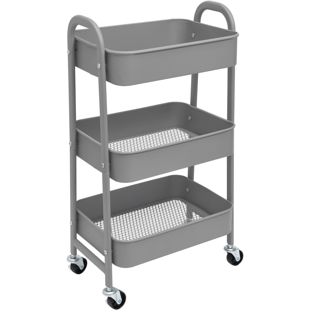 Carrello portaoggetti a 3 ripiani con ruote, in metallo resistente, per cucina, bagno, ufficio e salone di bellezza, salvaspazio, grigio