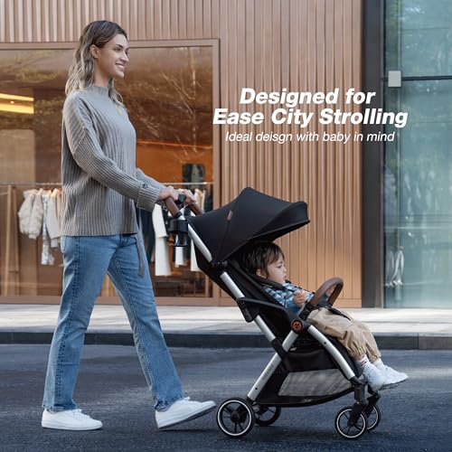 Image of Babideal Lightweight Travel Stroller for Baby, Self-Folding Toddler Stroller with Large Canopy, Full-Reclining Seat, Cup Holder Included - Newborn to 50lbs. (Grey)