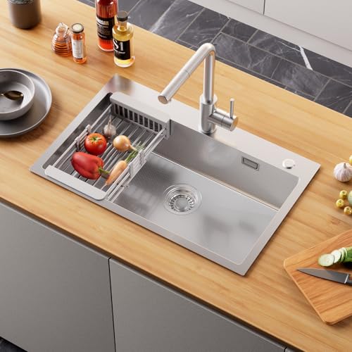 Anycee 70x45 cm Lavello Spazzolato, Lavello in Acciaio Inossidabile con Sgocciolatoio, Lavello Incasso con Sifone e Tubo Troppo Pieno Adatto Per Piani Lavoro Larghezza Superiore a 80 cm