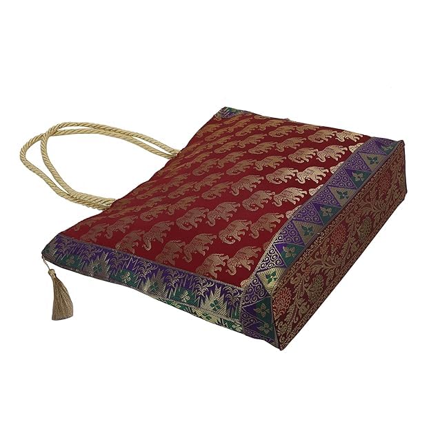 Image of Hand Purse | Traditional Hand Purse | Silk Wallet Hand Bag | Shagun HandPurse | Gifts HandBag | Golden Handle Tote Handbag | Brocade Shoulder Bag | 16 INCH