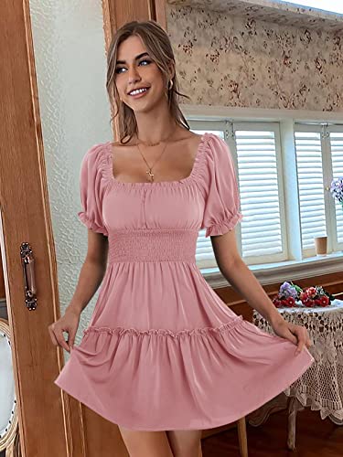 Image of Womens Babydoll Mini Dress Casual Square Neck Short Sleeve Summer Dresses | Empire Waist, Smocked, Flowy, Short Beach Dress, Vacation, Floral, Boho