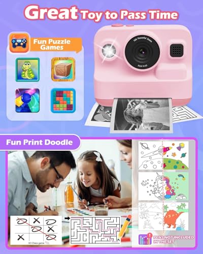 Image of Camera Instant Print, 1080P Kids Digital Camera with Printer Paper, Christmas Birthday Gift for Girls (Pink)