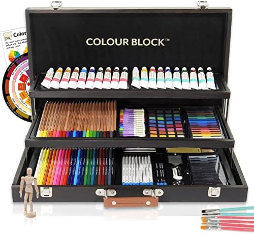 COLOUR BLOCK 181 pc Mixed Media Art Set in Wooden Case - Soft & Oil Pastels, Acrylic & Water color Paints, Sketching, Colored Pencils