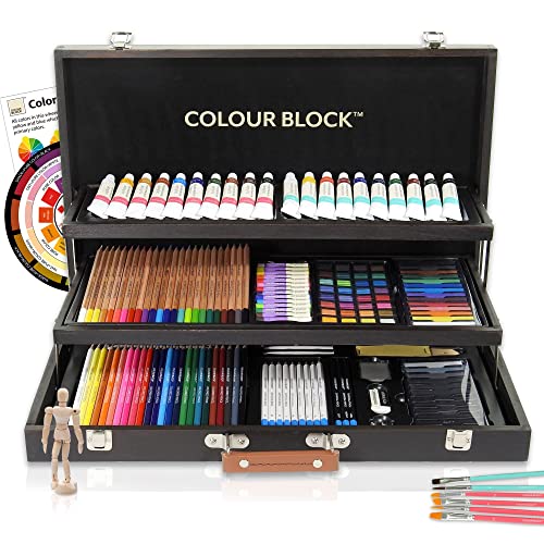 Colour Block 181 Pc Mixed Media Art Set In Wooden Case - Soft & Oil Pastels, Acrylic & Water Color Paints, Sketching, Colored Pencils #TOP3