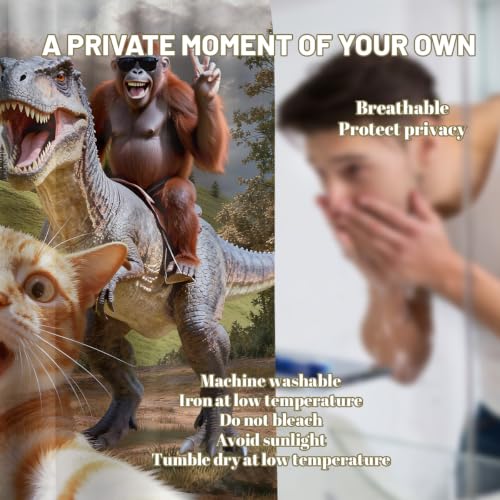 Image of Extra Tall Shower Curtain XL Fun Cat Riding Dinosaur, 70 x 96 Inchs