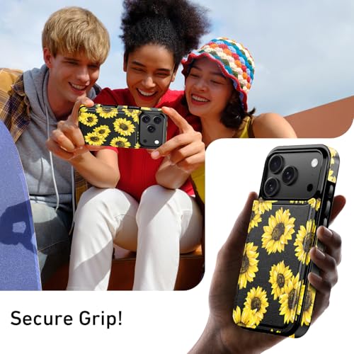LETO for iPhone 17 Pro Max Wallet Case with Card Holder - Flip Folio Leather Kickstand - Fashionable Flower Designs - Shockproof Protective Phone Cover for Women and Girls - Blooming Sunflowers by LETO - Image 7