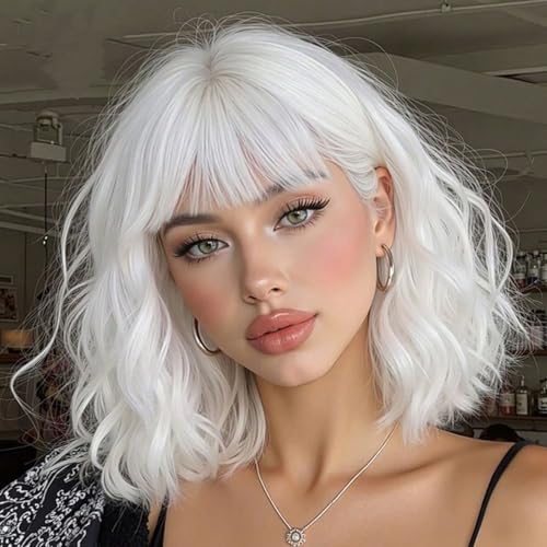 White Short Wavy Bob Synthetic Wig with Bangs for Women (White 14 Inch)