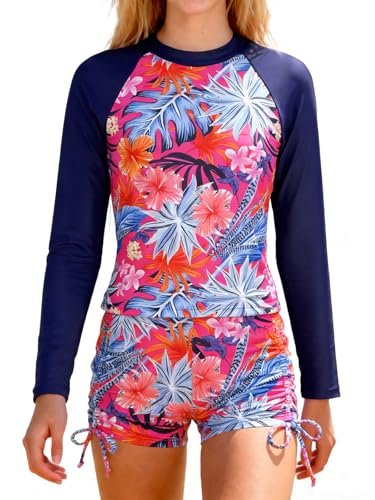 Image of Girls Swimsuit Long Sleeve Rash Guard Bathing Suit Two Piece Swimwear Swimming Tops and Ruched Shorts 4-13t