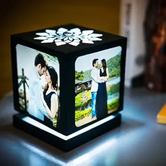 ZOCI VOCI Acrylic Anniversary Gift for Wife-Nostalgia Flora-Rotating LED Photo Lamp with 4 Photos|Customized Gift for Couple Special|Personalized Gift for Husband,Custom Photo Gifts (Black-Medium)