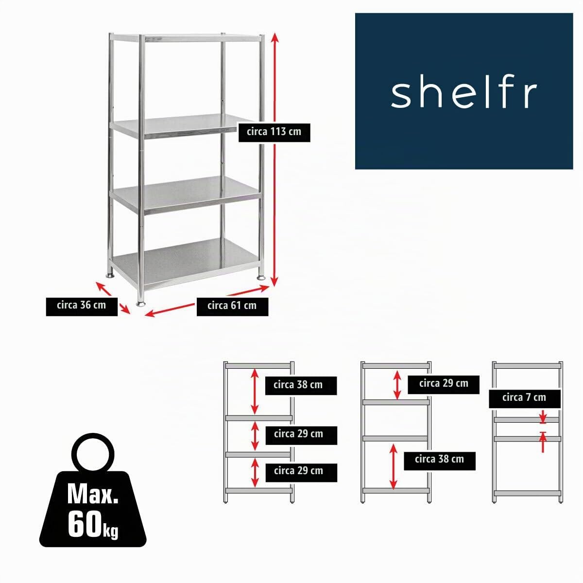 EYEPOWER shelfr 4 Ripiani Scaffale in Acciaio Inox - 60kg Scaffalatura Metallo 61x36x113 Portaoggetti Cucina