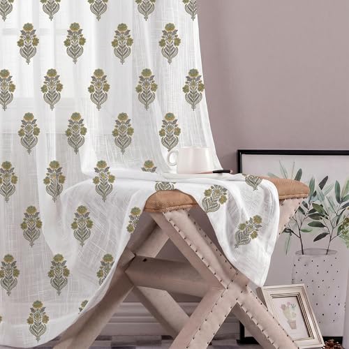 Image of LINENWALAS Decorative Cotton Linen Sheer Curtains 9 Feet for Long Door -Block Printed Door Curtain | Grommet Hanging Style Pack of 2 Panels |Light Filtering Sheer Drapes (Golden Willow)