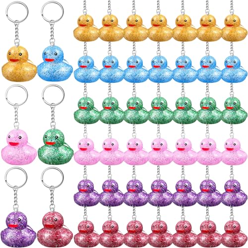 Image of Deekin 96 Pcs Mini Glitter Rubber Ducks Keychain Bulk Cruise Rubber Ducks Party Favor 3D Squeaky Duck Chains Colorful for Birthday Party Favors Gift Favor