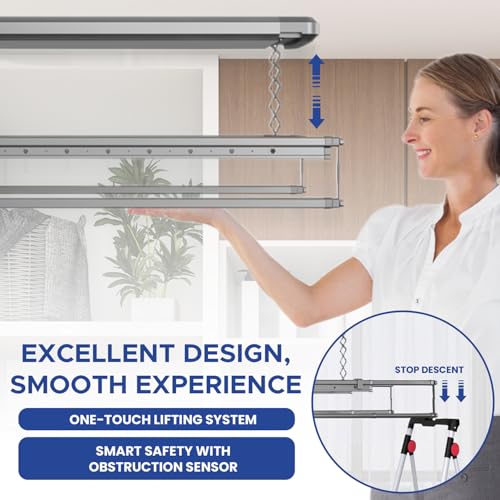 Image of KosmoCare Aluminum Alloy Ceiling Mounted Electric Clothes Drying Rack Space Saving Cloth Dryer Smart Lifting Motorized Laundry System Smart Clothes Hanger Remote Control Drying Poles Grey