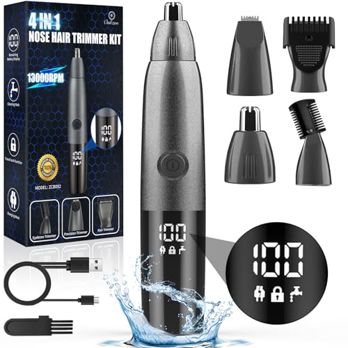 Oukzon Cortapelos Nariz y Oreja para Hombre Mujer, 4 en 1 Depiladora de Nariz Recargable por USB con Pantalla LED, Depiladora Profesional Indolora para Nariz, Orejas, Cejas, Cara, IPX7