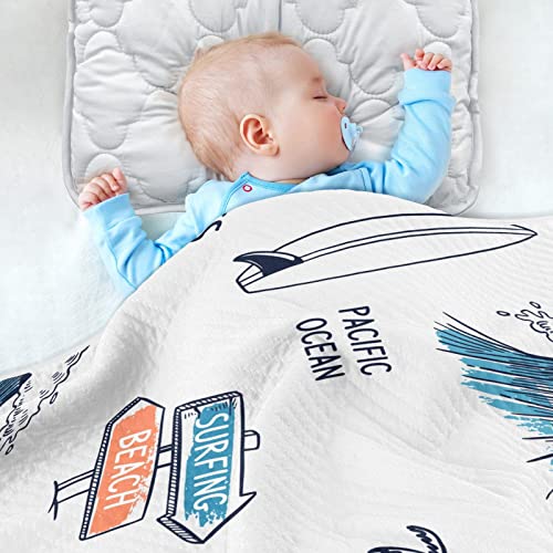 Image of vvfelixl Swaddle Blanket Surfboard Palm Trees Waves Cotton Blanket for Infants, Receiving Blanket, Lightweight Soft Swaddling Blanket for Crib, Stroller, Nursery Blankets, Light Gray, 30 /'' x 40 /''