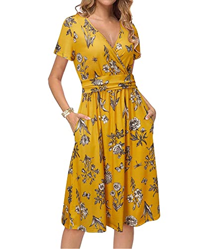 Image of Newshows Women's Pockets Wrap V Neck Floral Summer Vacation Casual Sundress | Wrinkle Free, Stretchy, Summer Beach Floral Sundress 2026, Casual Dress for Vacation, Guaduation, Side Pockets, A-line