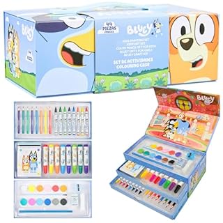 Bluey Art Set for Kids Colouring Pencils Paints Felt Tip Pens Crayons Stationery Crafts Girls Boys Art Supplies Preschool Travel 40 Plus Pcs Gift Set (Blue 3 Tier)