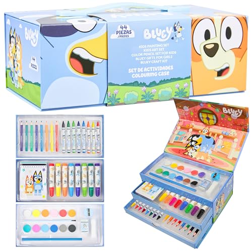 Bluey Lápis de Cor Materiais de Arte para Meninos Meninas Kit de Desenho Pintura Material Escolar Kit de Arte Estojo de Viagem Presentes para Crianças (Azul 3 Níveis)
