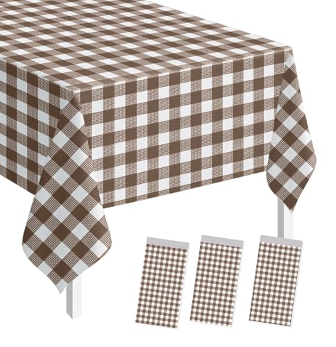 Image of SietDESEO 3 Pack Dark Brown Gingham Tablecloth Rectangle 54 x 108 Brown and White Checkered Table Cloth Disposable Plaid Table Cover Plastic for Birthday Baby Shower Picnic Wedding Party Supplies