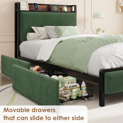 Image of GAOMON Twin Size Bed Frame with 2 Drawers and Charging Station, Green